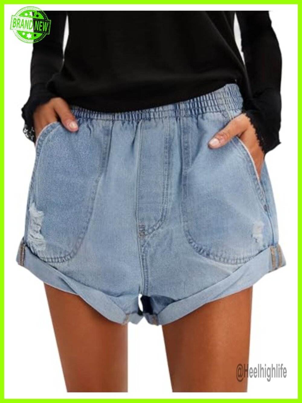 High Waisted Ripped Baggy Denim Jorts with Elastic Waistband